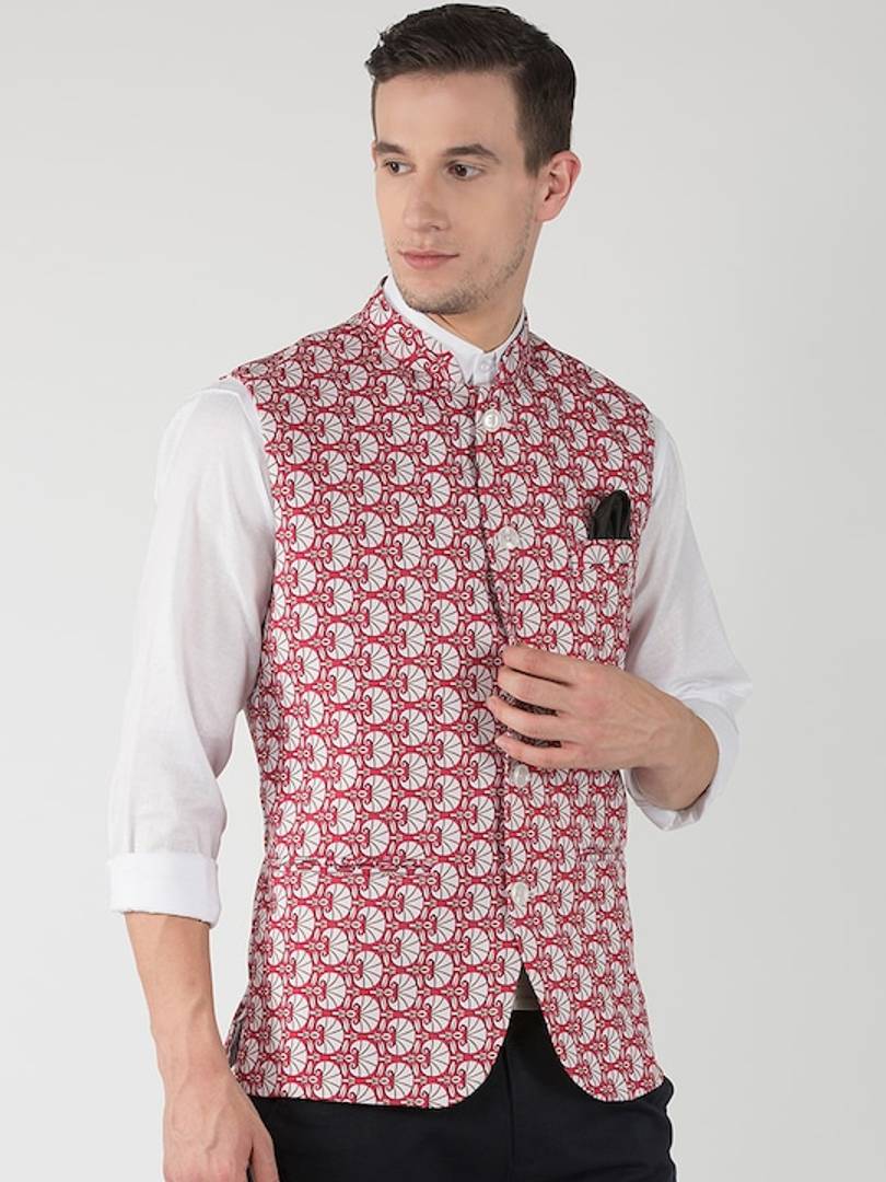 Men's Red Viscose
 Printed Nehru Jackets